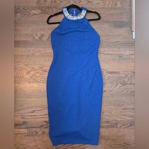 Royal Blue Embellished Halter Bodycon Dress